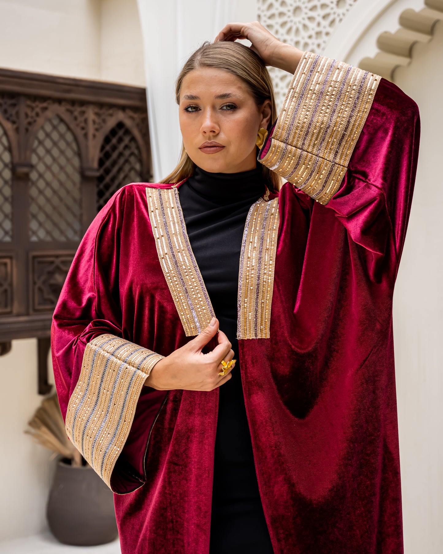 Malika Kaftan in burgundy